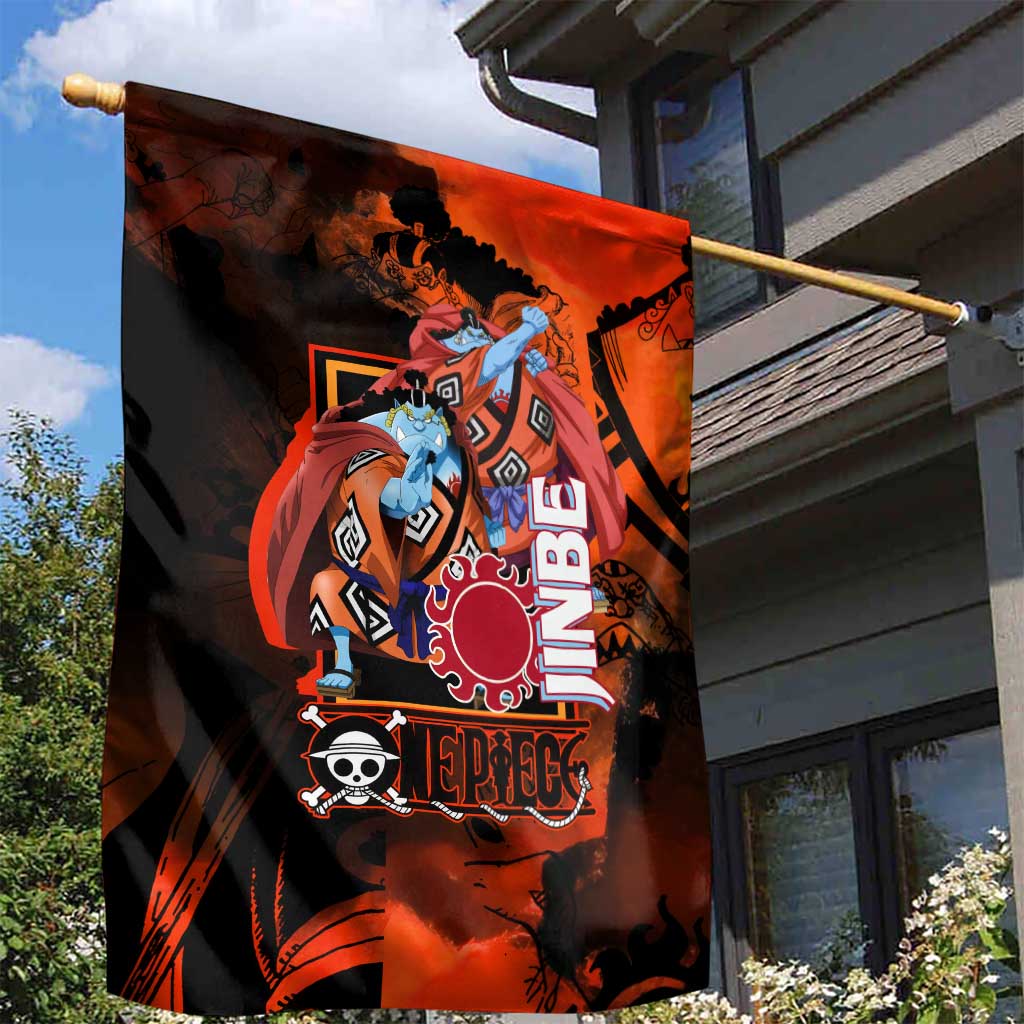 Jinbe One Piece Red and Black Theme Garden Flag with Sun Pirates Emblem and Karate Pose Design - The Mazicc