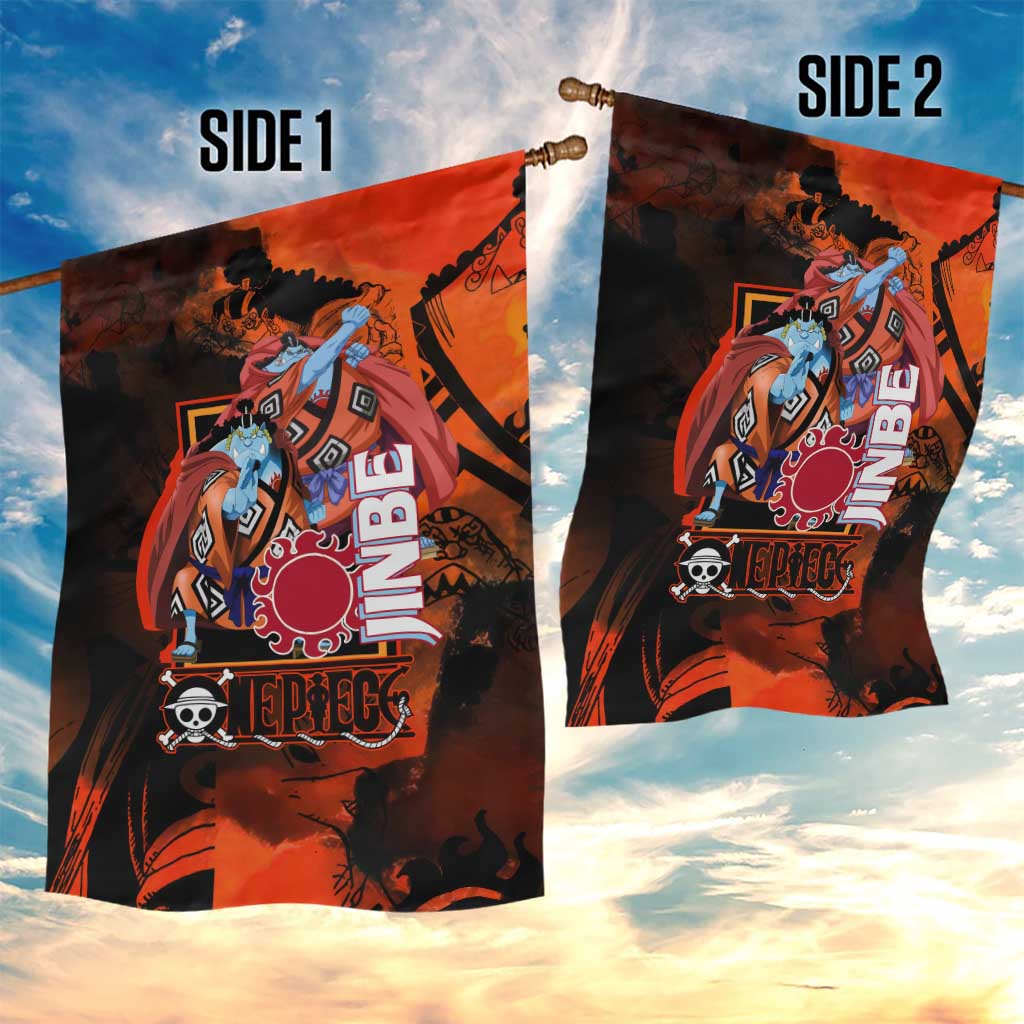 Jinbe One Piece Red and Black Theme Garden Flag with Sun Pirates Emblem and Karate Pose Design - The Mazicc