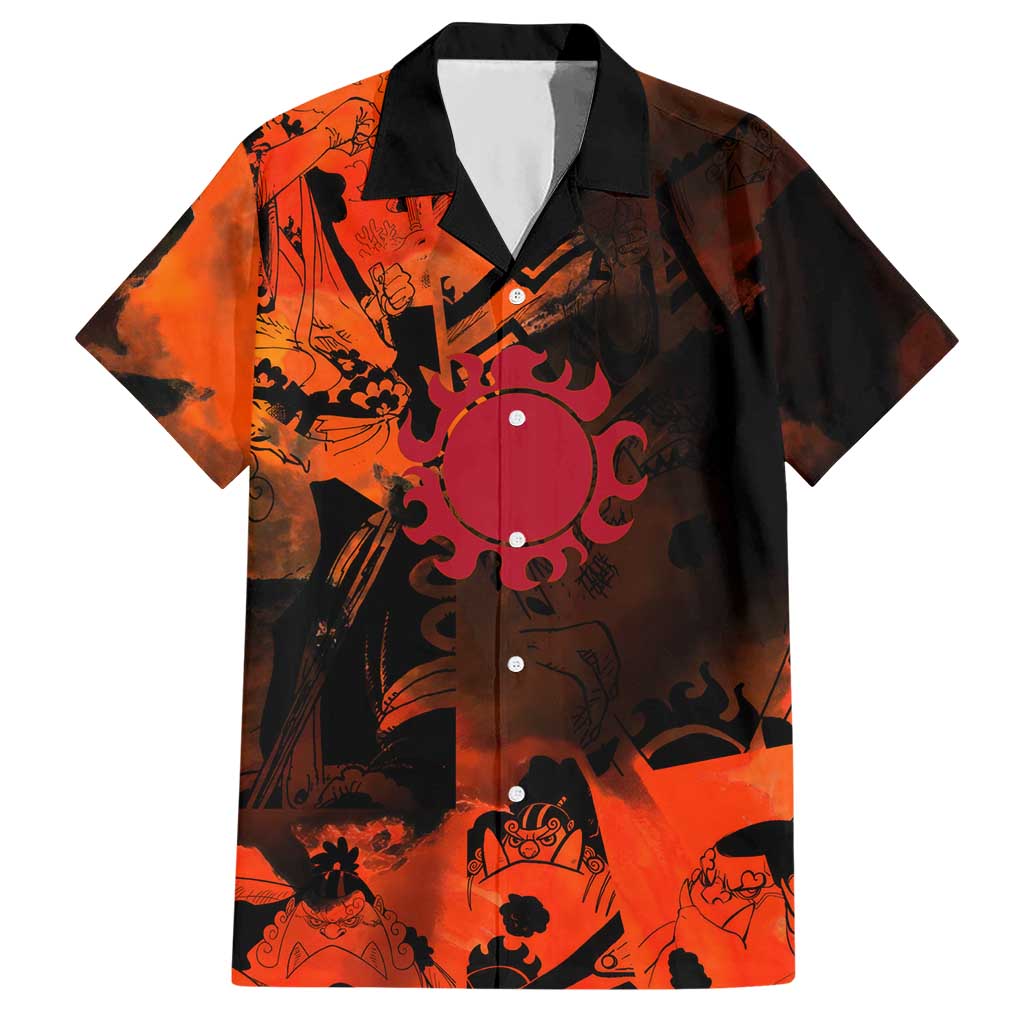 Jinbe One Piece Red and Black Theme Hawaiian Shirt with Sun Pirates Emblem and Karate Pose Design - The Mazicc