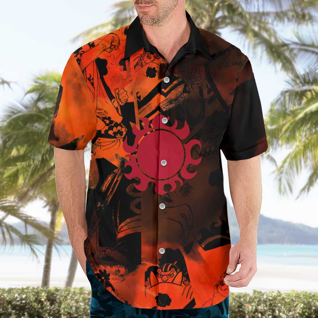 Jinbe One Piece Red and Black Theme Hawaiian Shirt with Sun Pirates Emblem and Karate Pose Design - The Mazicc