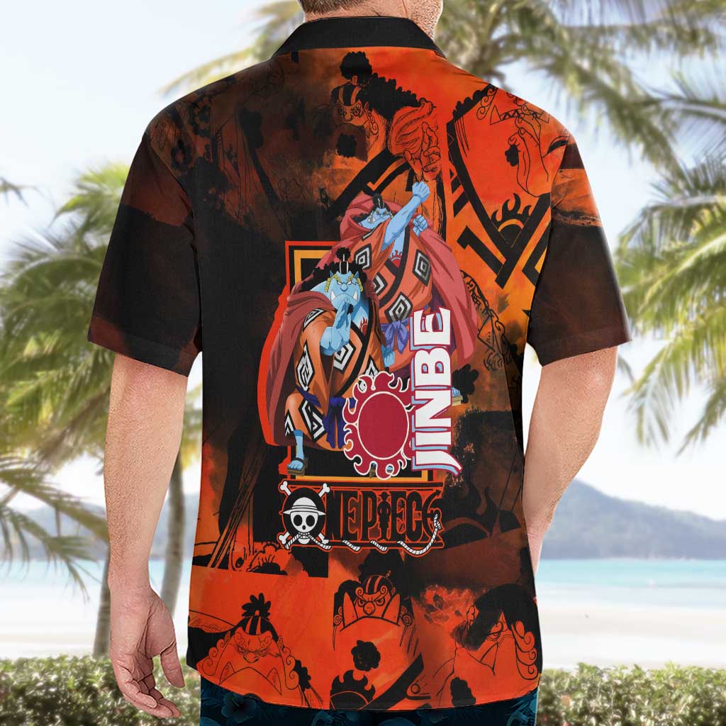 Jinbe One Piece Red and Black Theme Hawaiian Shirt with Sun Pirates Emblem and Karate Pose Design - The Mazicc