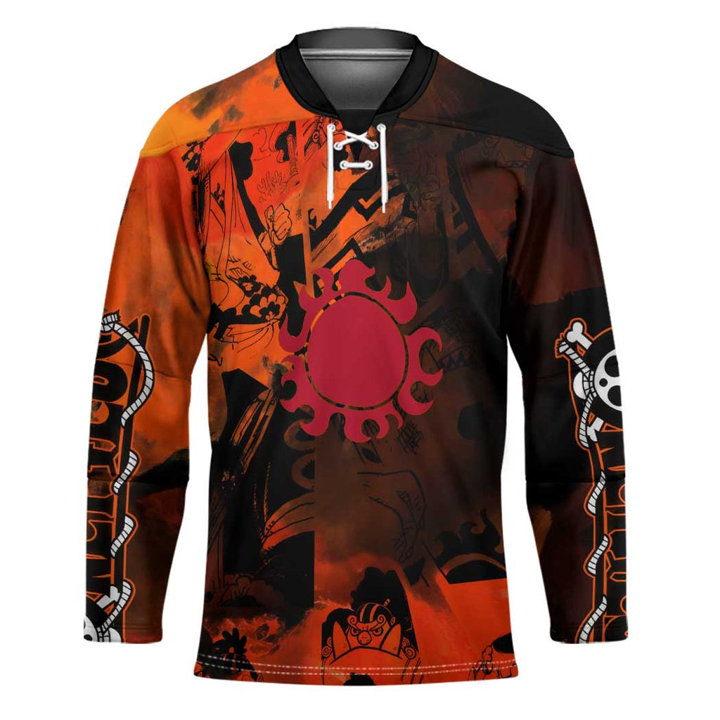 Jinbe One Piece Red and Black Theme Hockey Jersey with Sun Pirates Emblem and Karate Pose Design - The Mazicc