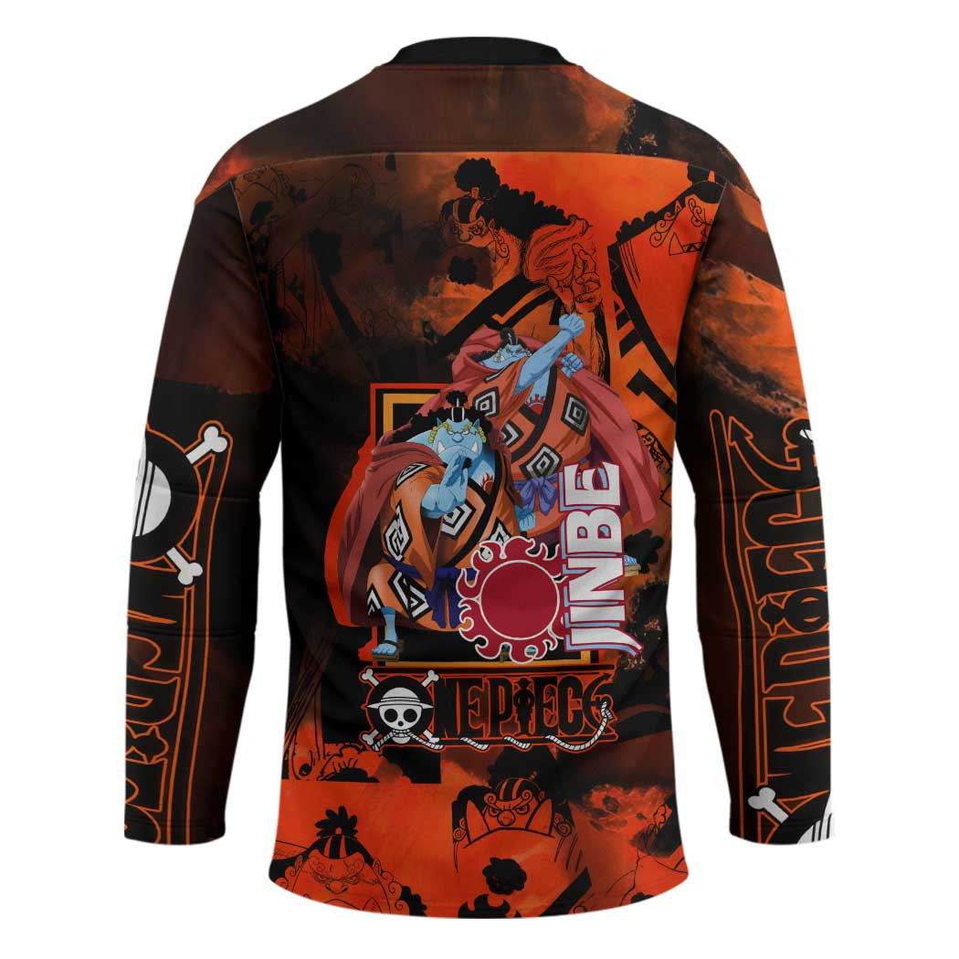 Jinbe One Piece Red and Black Theme Hockey Jersey with Sun Pirates Emblem and Karate Pose Design - The Mazicc