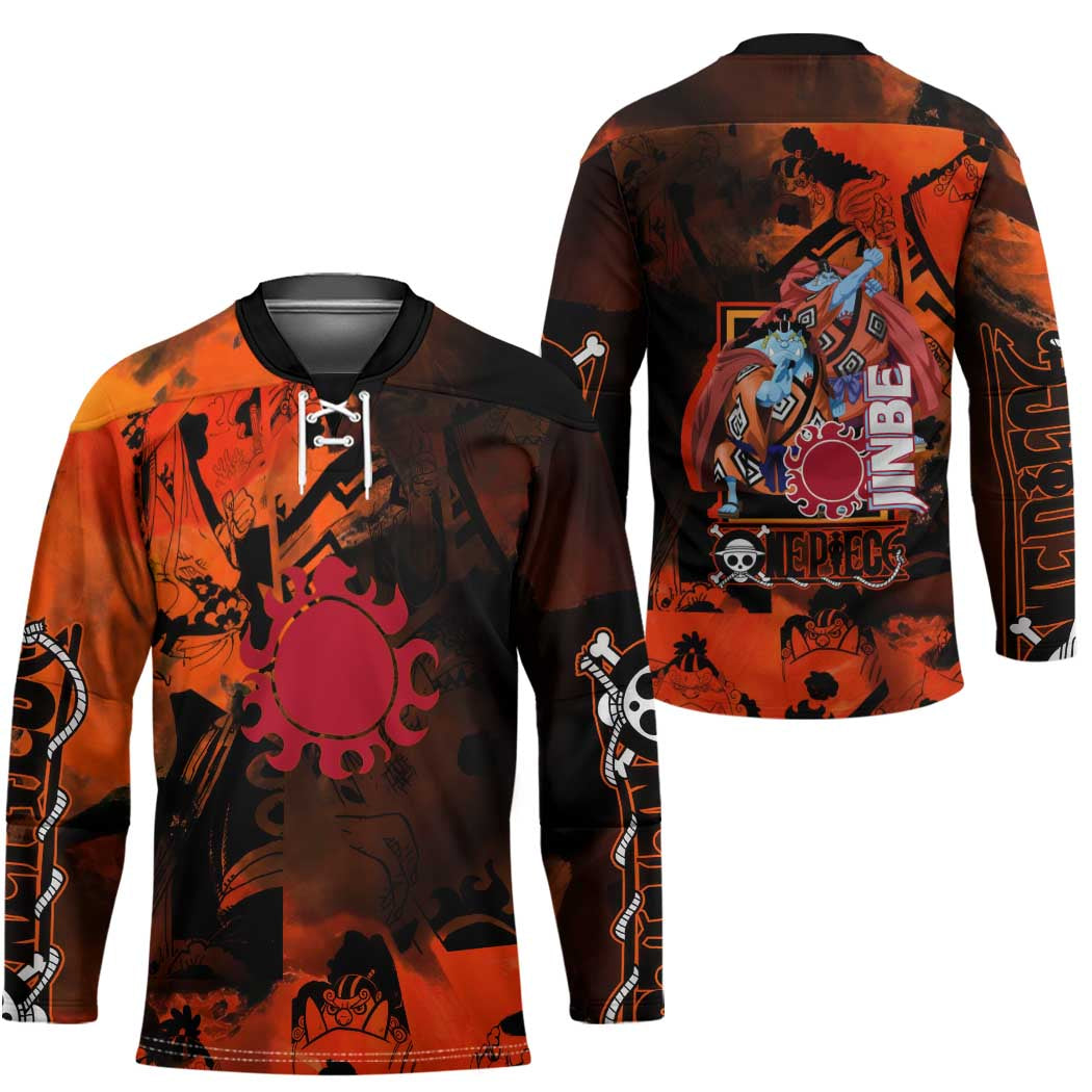 Jinbe One Piece Red and Black Theme Hockey Jersey with Sun Pirates Emblem and Karate Pose Design - The Mazicc
