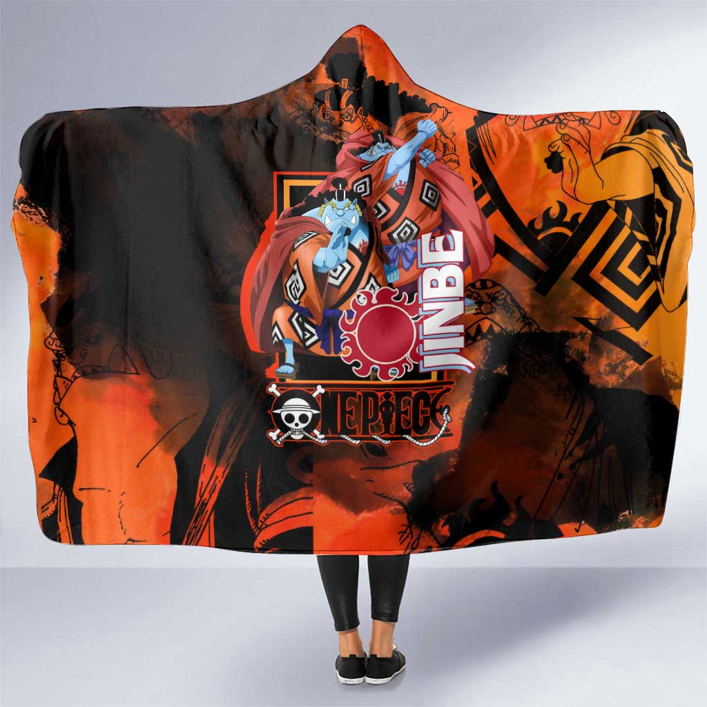 Jinbe One Piece Red and Black Theme Hooded Blanket with Sun Pirates Emblem and Karate Pose Design - The Mazicc