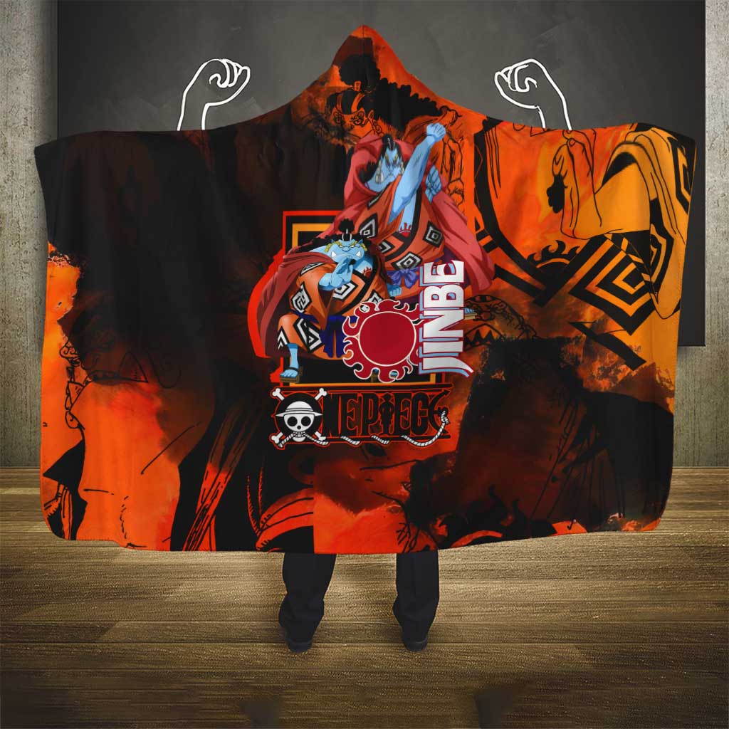 Jinbe One Piece Red and Black Theme Hooded Blanket with Sun Pirates Emblem and Karate Pose Design - The Mazicc