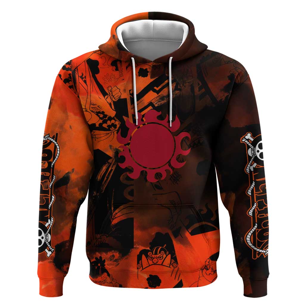 Jinbe One Piece Red and Black Theme Hoodie with Sun Pirates Emblem and Karate Pose Design - The Mazicc