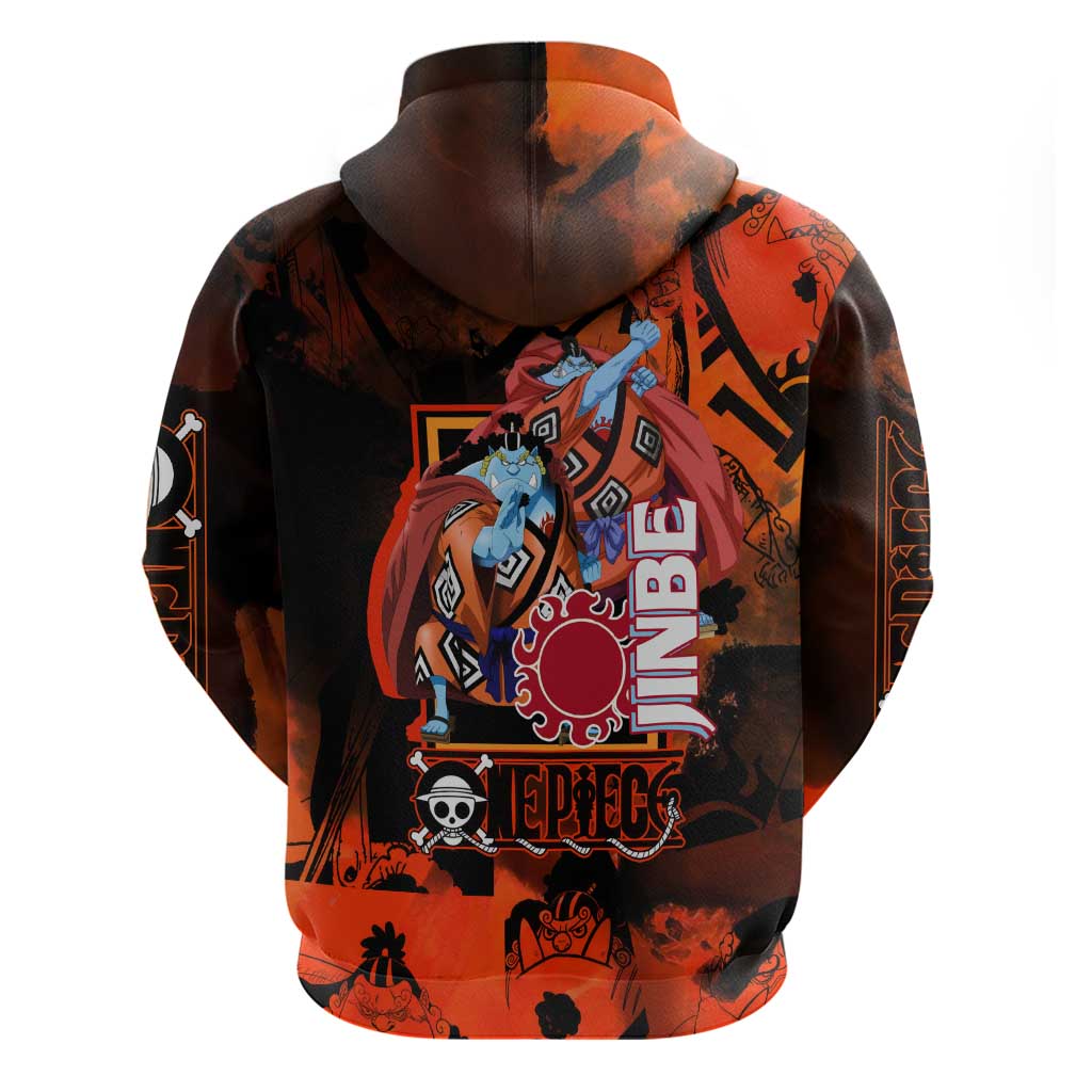 Jinbe One Piece Red and Black Theme Hoodie with Sun Pirates Emblem and Karate Pose Design - The Mazicc