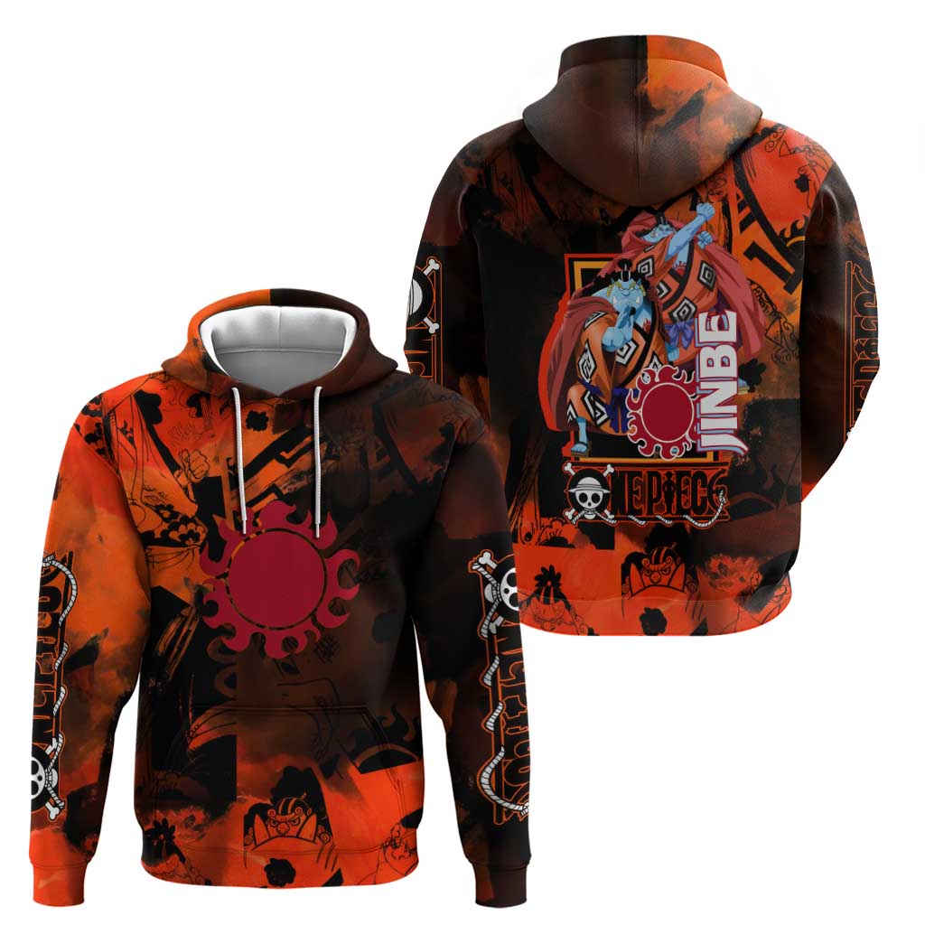 Jinbe One Piece Red and Black Theme Hoodie with Sun Pirates Emblem and Karate Pose Design - The Mazicc