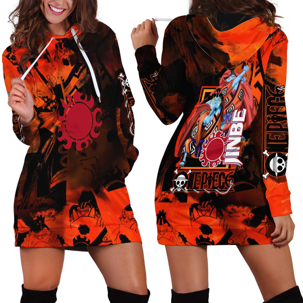 Jinbe One Piece Red and Black Theme Hoodie Dress with Sun Pirates Emblem and Karate Pose Design - The Mazicc
