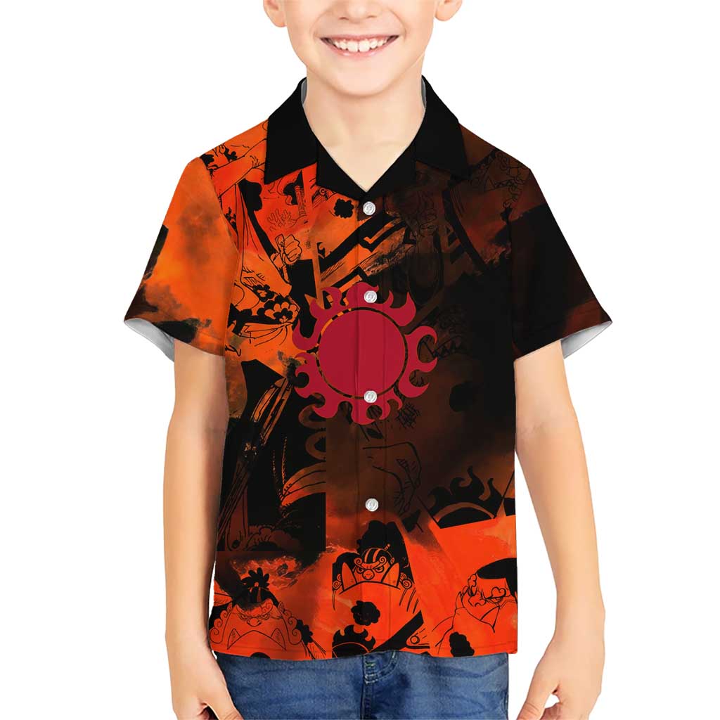 Jinbe One Piece Red and Black Theme Kid Hawaiian Shirt with Sun Pirates Emblem and Karate Pose Design - The Mazicc