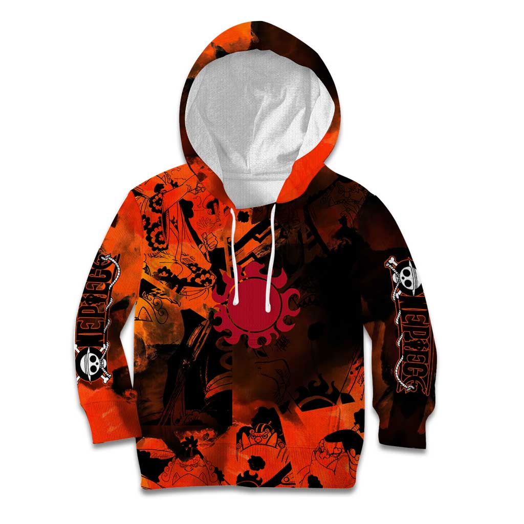 Jinbe One Piece Red and Black Theme Kid Hoodie with Sun Pirates Emblem and Karate Pose Design - The Mazicc