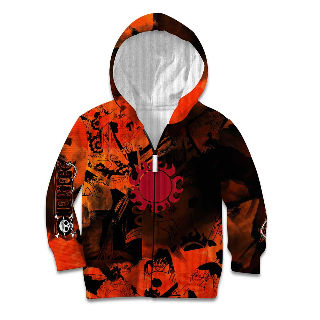 Jinbe One Piece Red and Black Theme Kid Hoodie with Sun Pirates Emblem and Karate Pose Design - The Mazicc