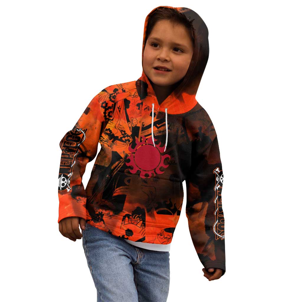 Jinbe One Piece Red and Black Theme Kid Hoodie with Sun Pirates Emblem and Karate Pose Design - The Mazicc