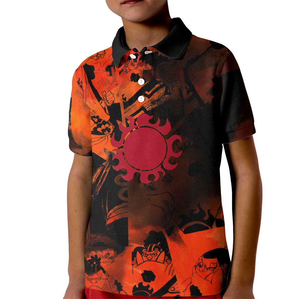 Jinbe One Piece Red and Black Theme Kid Polo Shirt with Sun Pirates Emblem and Karate Pose Design - The Mazicc