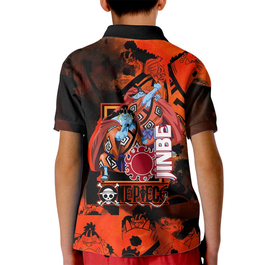 Jinbe One Piece Red and Black Theme Kid Polo Shirt with Sun Pirates Emblem and Karate Pose Design - The Mazicc