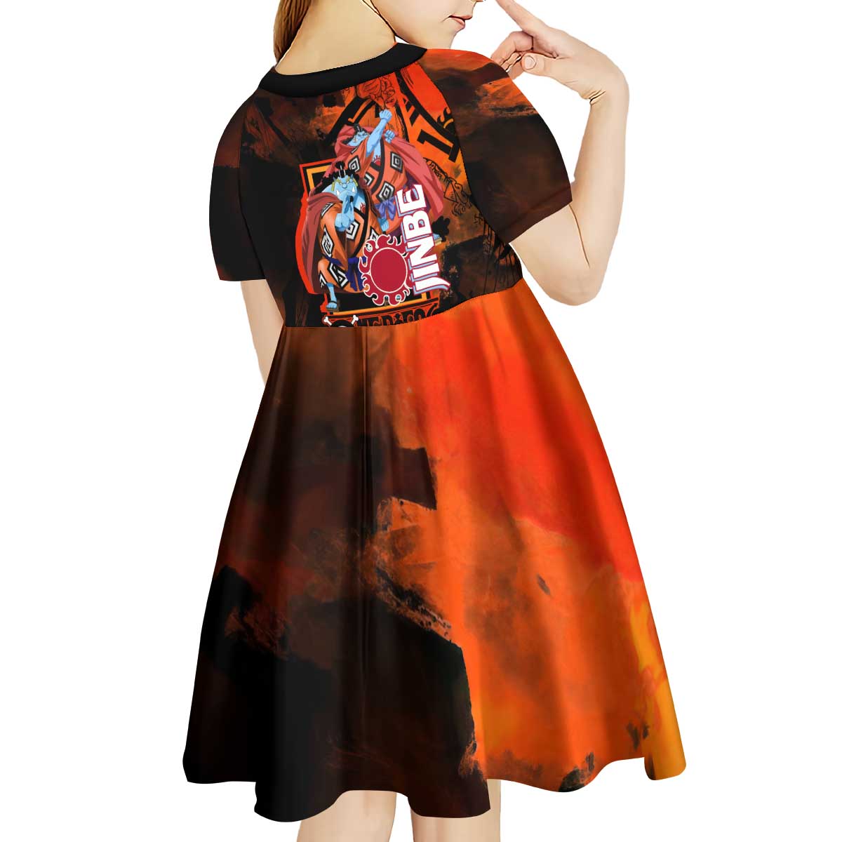 Jinbe One Piece Red and Black Theme Kid Short Sleeve Dress with Sun Pirates Emblem and Karate Pose Design - The Mazicc