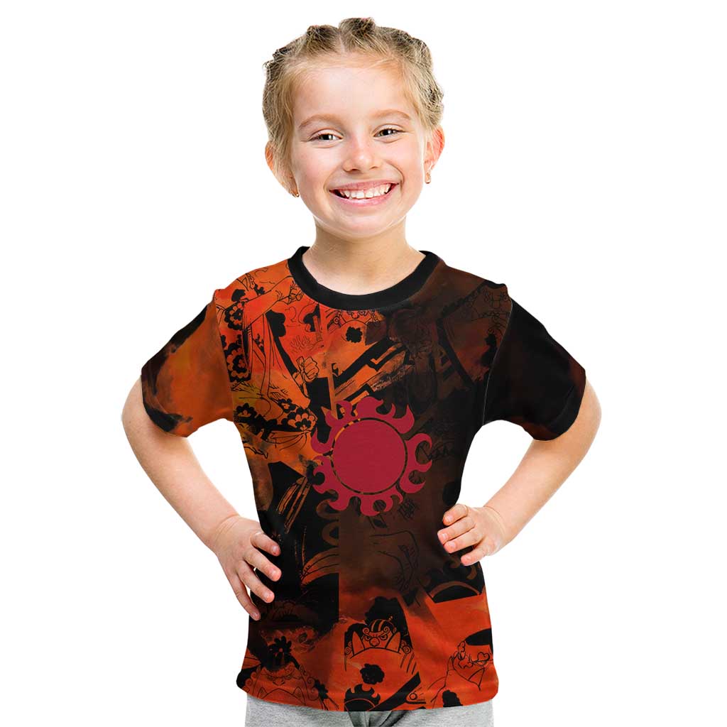 Jinbe One Piece Red and Black Theme Kid T Shirt with Sun Pirates Emblem and Karate Pose Design - The Mazicc