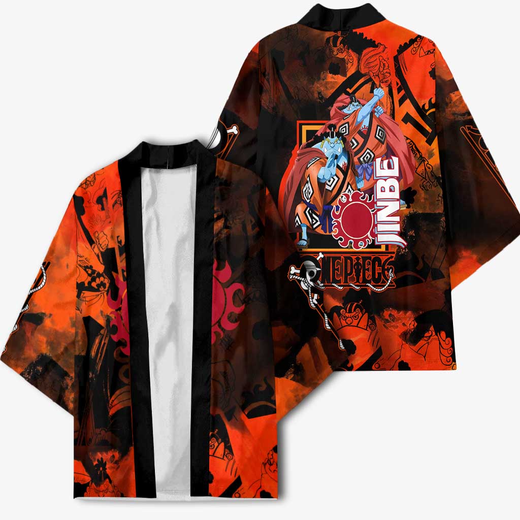 Jinbe One Piece Red and Black Theme Kimono with Sun Pirates Emblem and Karate Pose Design - The Mazicc