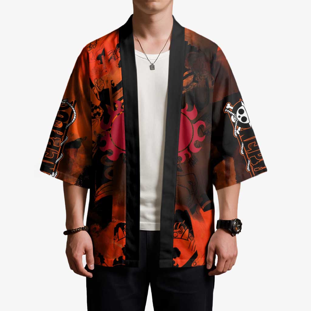 Jinbe One Piece Red and Black Theme Kimono with Sun Pirates Emblem and Karate Pose Design - The Mazicc