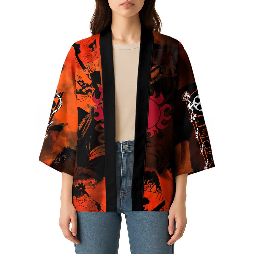 Jinbe One Piece Red and Black Theme Kimono with Sun Pirates Emblem and Karate Pose Design - The Mazicc