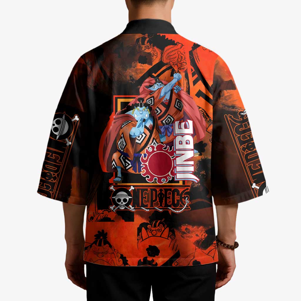 Jinbe One Piece Red and Black Theme Kimono with Sun Pirates Emblem and Karate Pose Design - The Mazicc