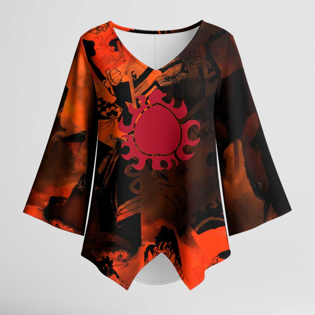 Jinbe One Piece Red and Black Theme Kimono Sleeve Blouse with Sun Pirates Emblem and Karate Pose Design - The Mazicc