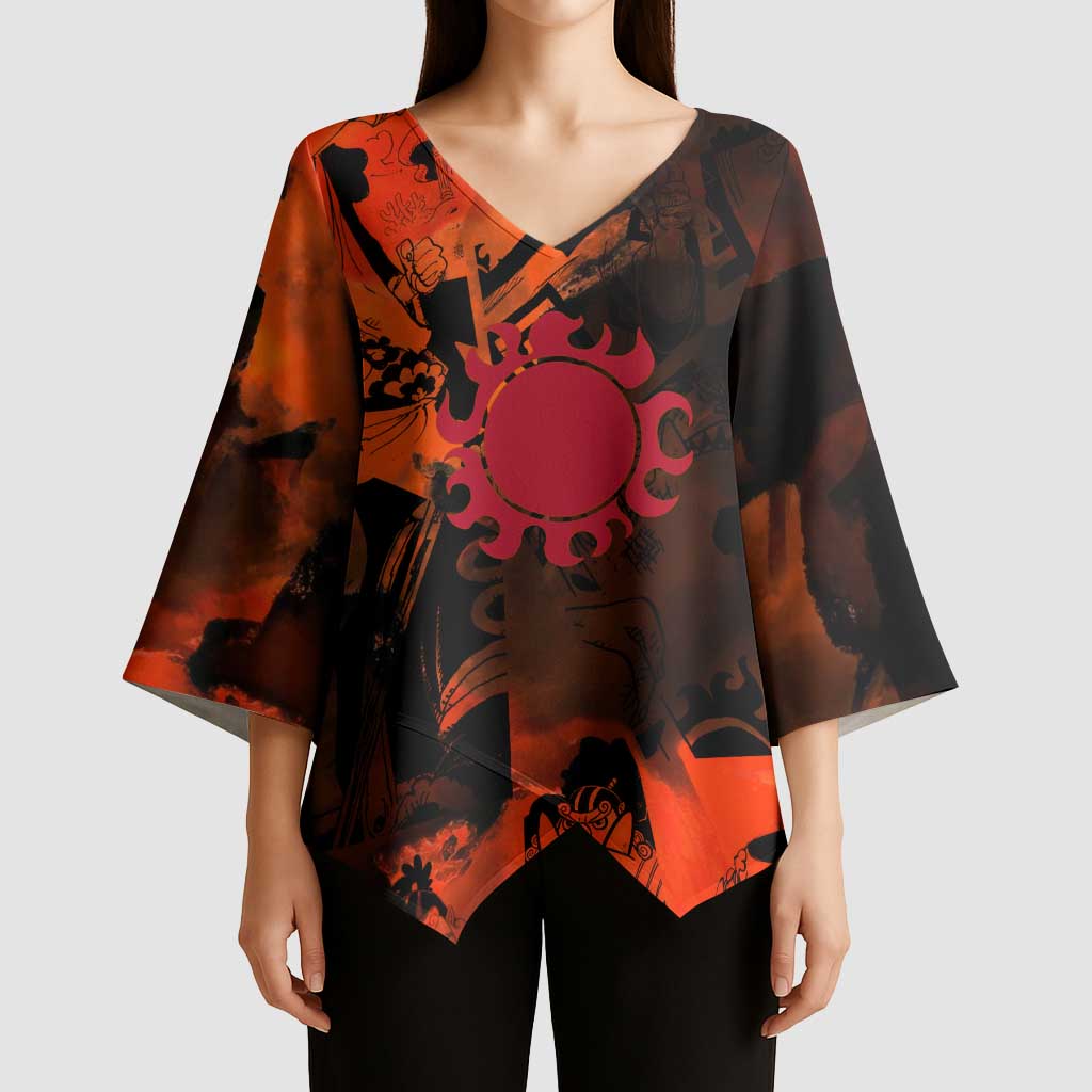 Jinbe One Piece Red and Black Theme Kimono Sleeve Blouse with Sun Pirates Emblem and Karate Pose Design - The Mazicc