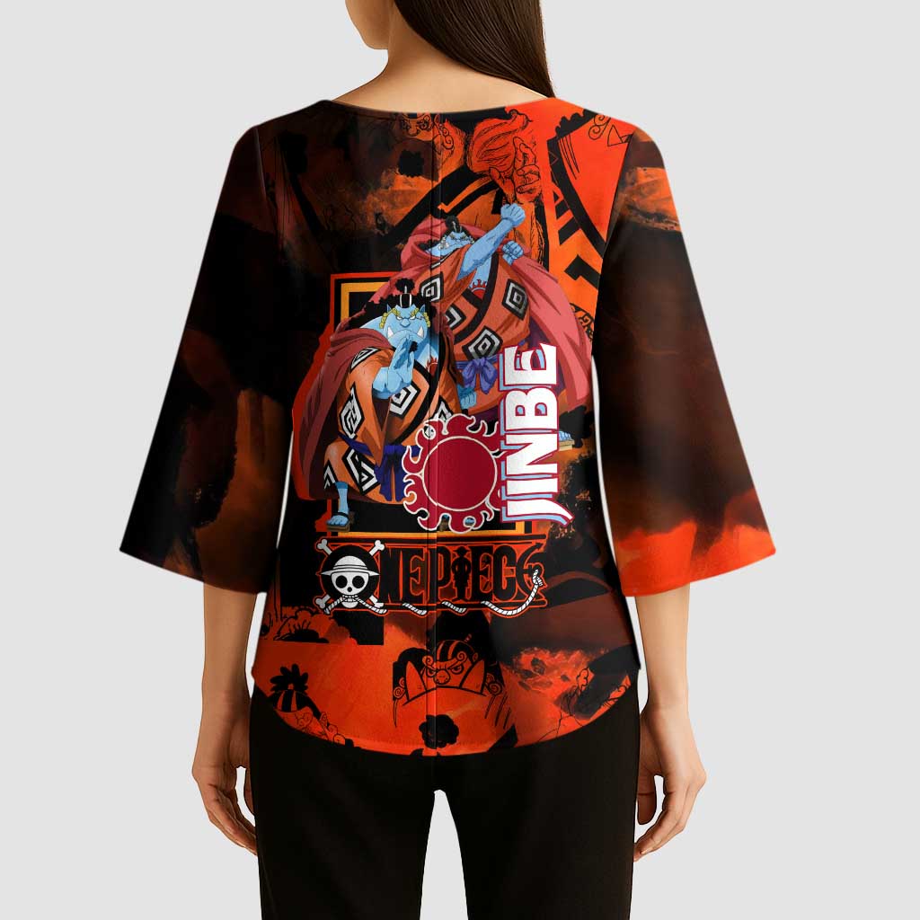 Jinbe One Piece Red and Black Theme Kimono Sleeve Blouse with Sun Pirates Emblem and Karate Pose Design - The Mazicc