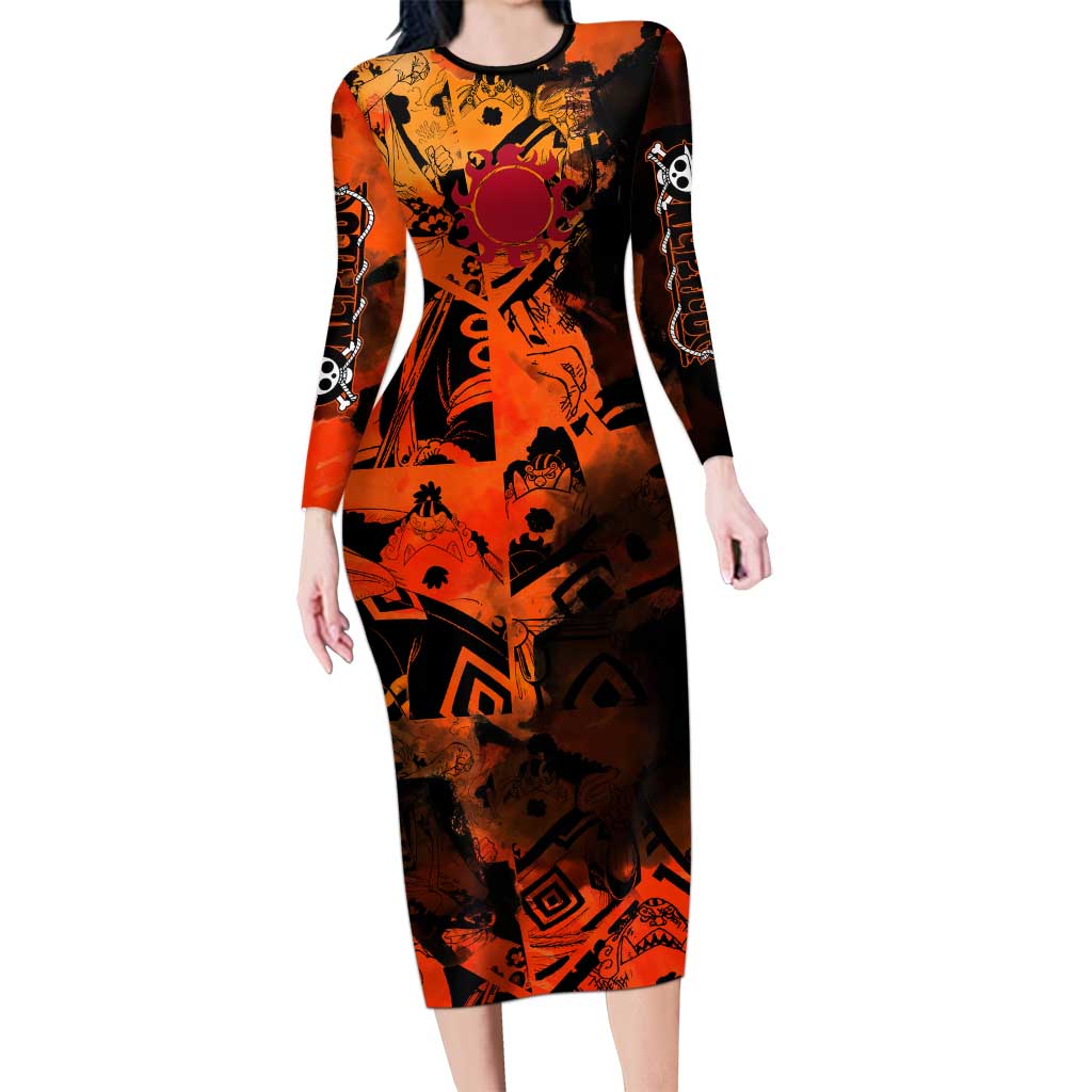 Jinbe One Piece Red and Black Theme Long Sleeve Bodycon Dress with Sun Pirates Emblem and Karate Pose Design - The Mazicc