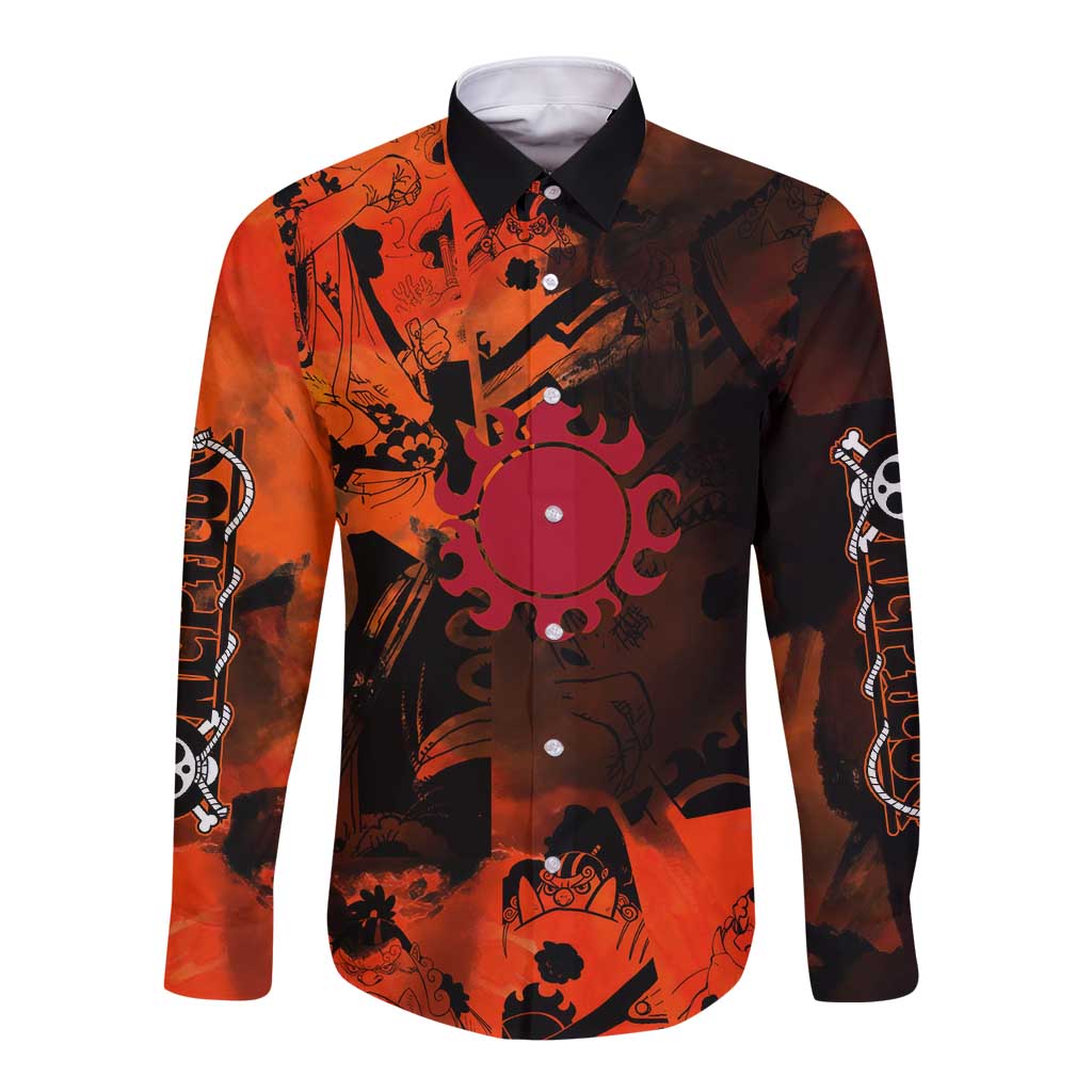 Jinbe One Piece Red and Black Theme Long Sleeve Button Shirt with Sun Pirates Emblem and Karate Pose Design - The Mazicc