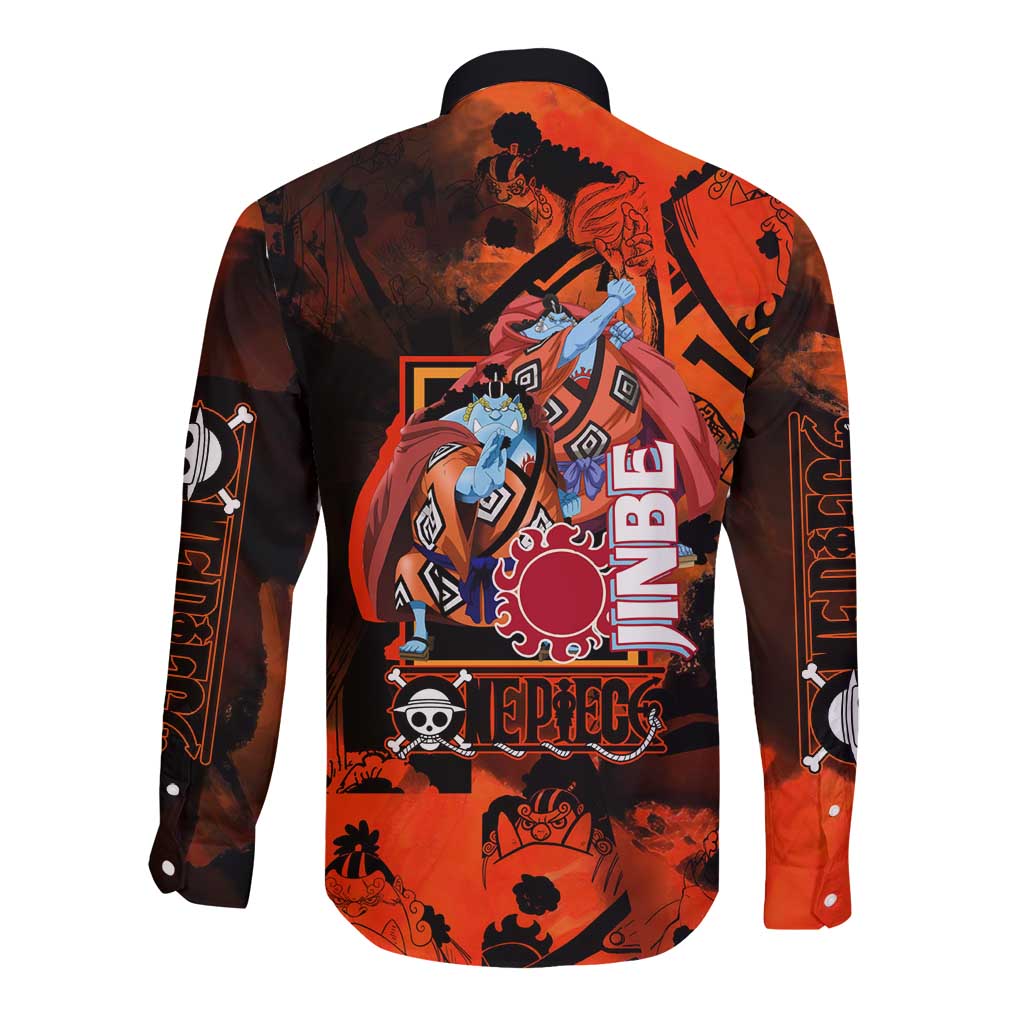 Jinbe One Piece Red and Black Theme Long Sleeve Button Shirt with Sun Pirates Emblem and Karate Pose Design - The Mazicc