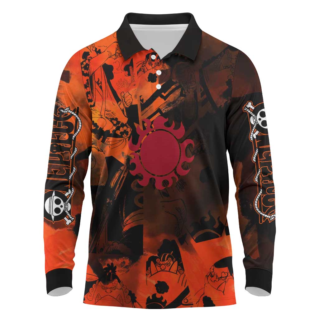 Jinbe One Piece Red and Black Theme Long Sleeve Polo Shirt with Sun Pirates Emblem and Karate Pose Design - The Mazicc