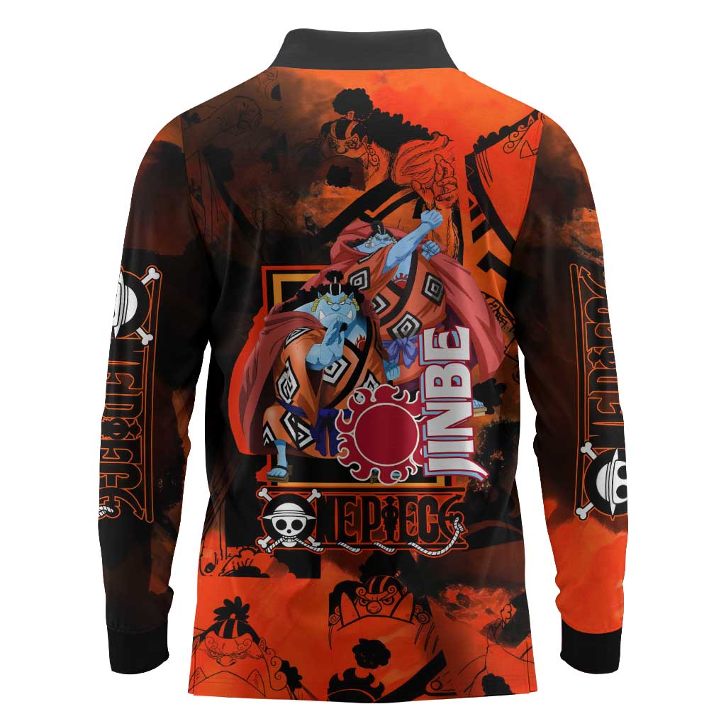 Jinbe One Piece Red and Black Theme Long Sleeve Polo Shirt with Sun Pirates Emblem and Karate Pose Design - The Mazicc