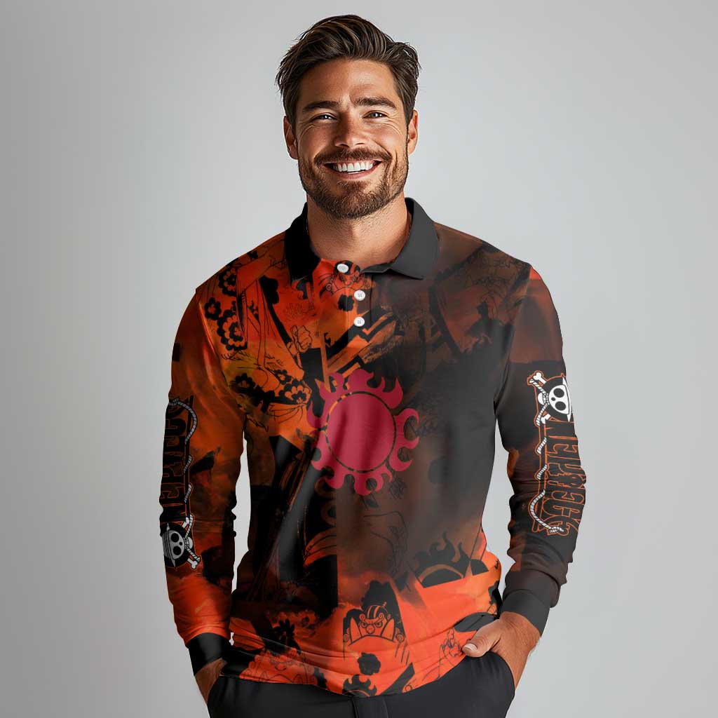 Jinbe One Piece Red and Black Theme Long Sleeve Polo Shirt with Sun Pirates Emblem and Karate Pose Design - The Mazicc