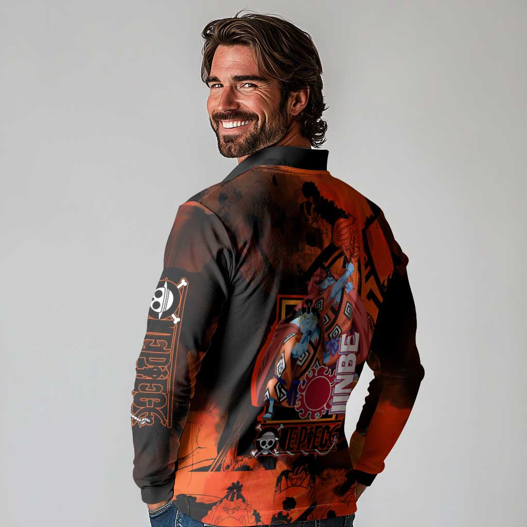Jinbe One Piece Red and Black Theme Long Sleeve Polo Shirt with Sun Pirates Emblem and Karate Pose Design - The Mazicc