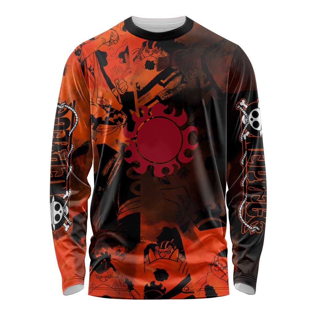 Jinbe One Piece Red and Black Theme Long Sleeve Shirt with Sun Pirates Emblem and Karate Pose Design - The Mazicc