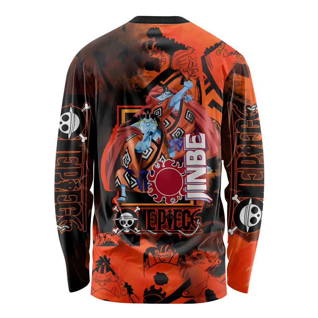 Jinbe One Piece Red and Black Theme Long Sleeve Shirt with Sun Pirates Emblem and Karate Pose Design - The Mazicc