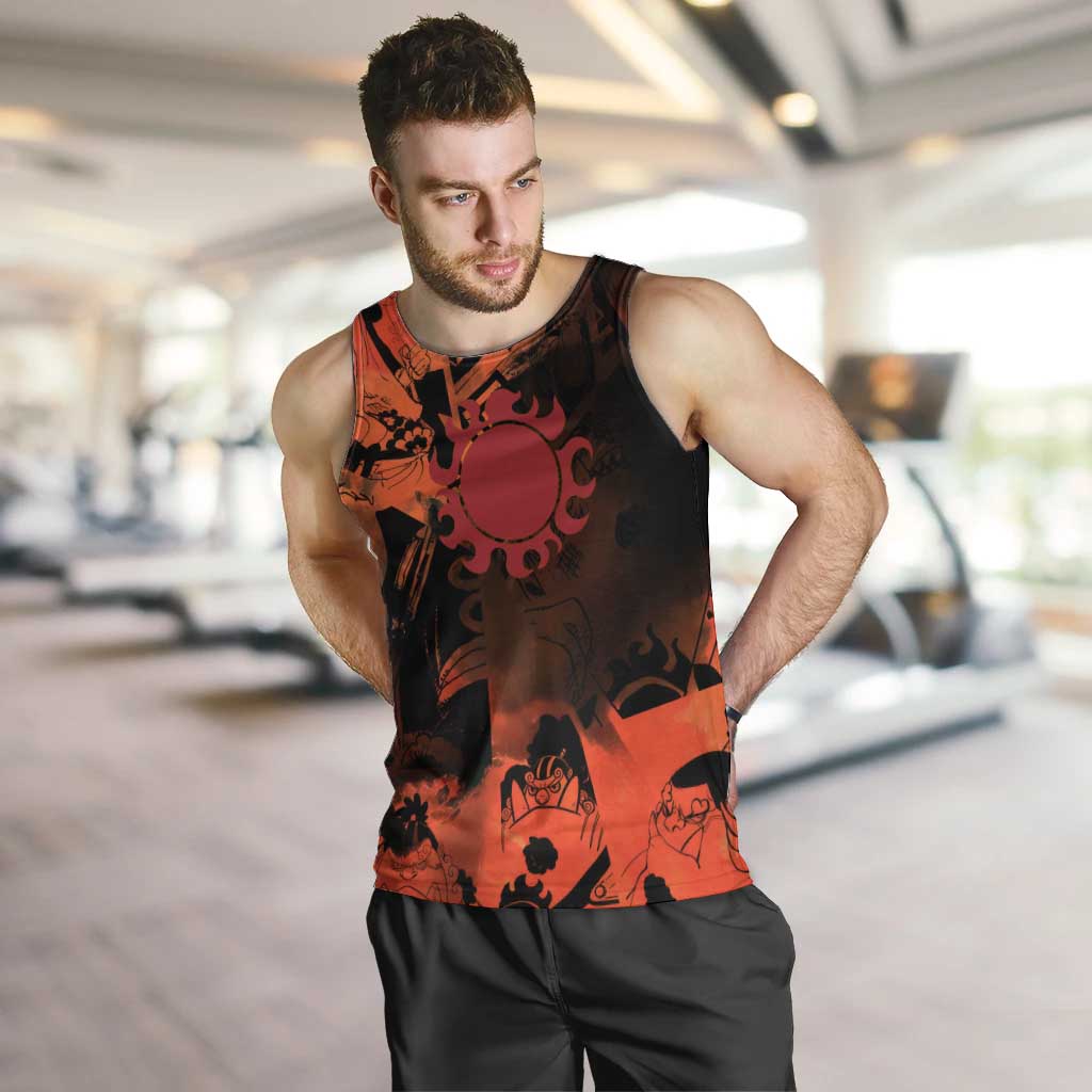 Jinbe One Piece Red and Black Theme Men Tank Top with Sun Pirates Emblem and Karate Pose Design - The Mazicc
