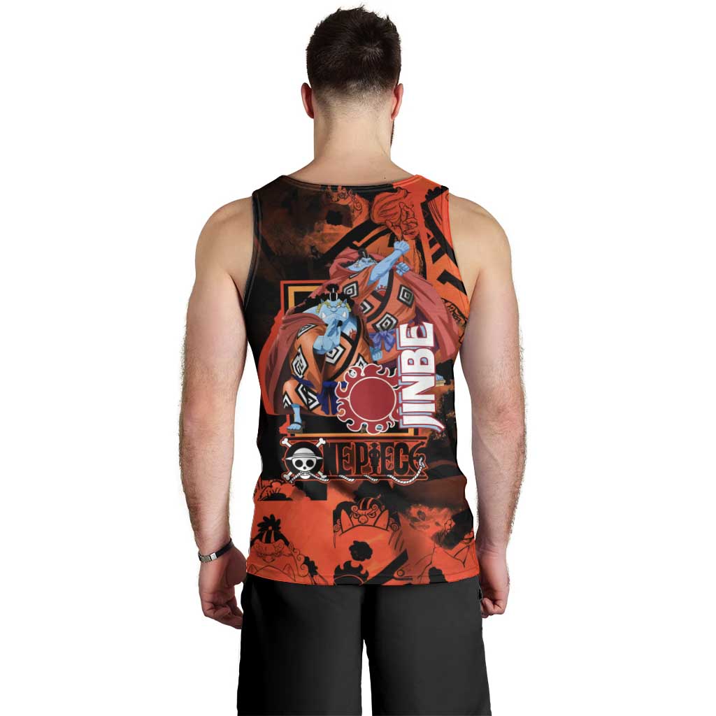 Jinbe One Piece Red and Black Theme Men Tank Top with Sun Pirates Emblem and Karate Pose Design - The Mazicc