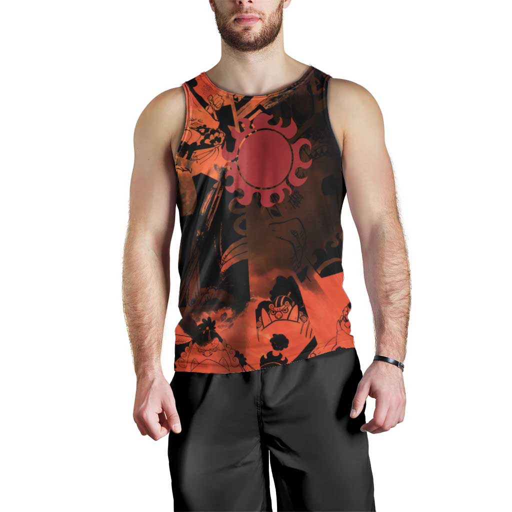 Jinbe One Piece Red and Black Theme Men Tank Top with Sun Pirates Emblem and Karate Pose Design - The Mazicc