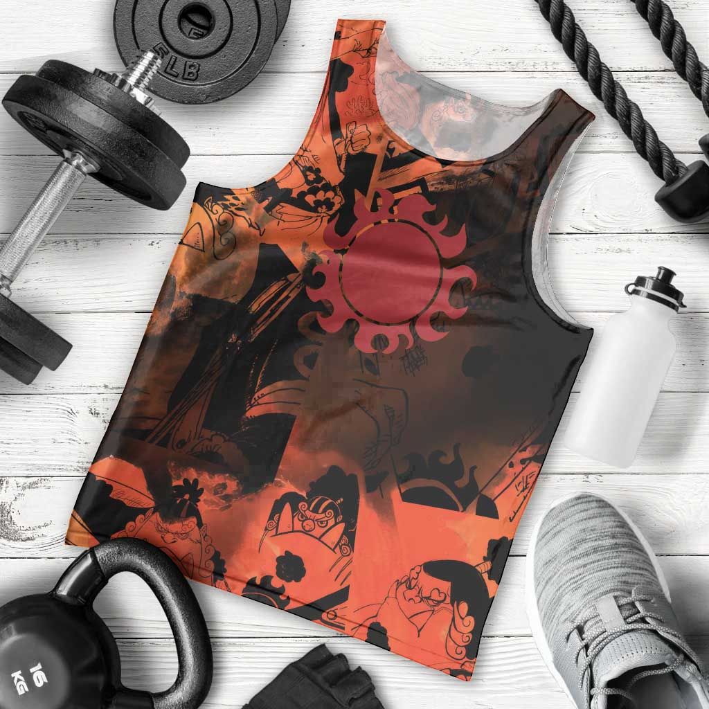 Jinbe One Piece Red and Black Theme Men Tank Top with Sun Pirates Emblem and Karate Pose Design - The Mazicc