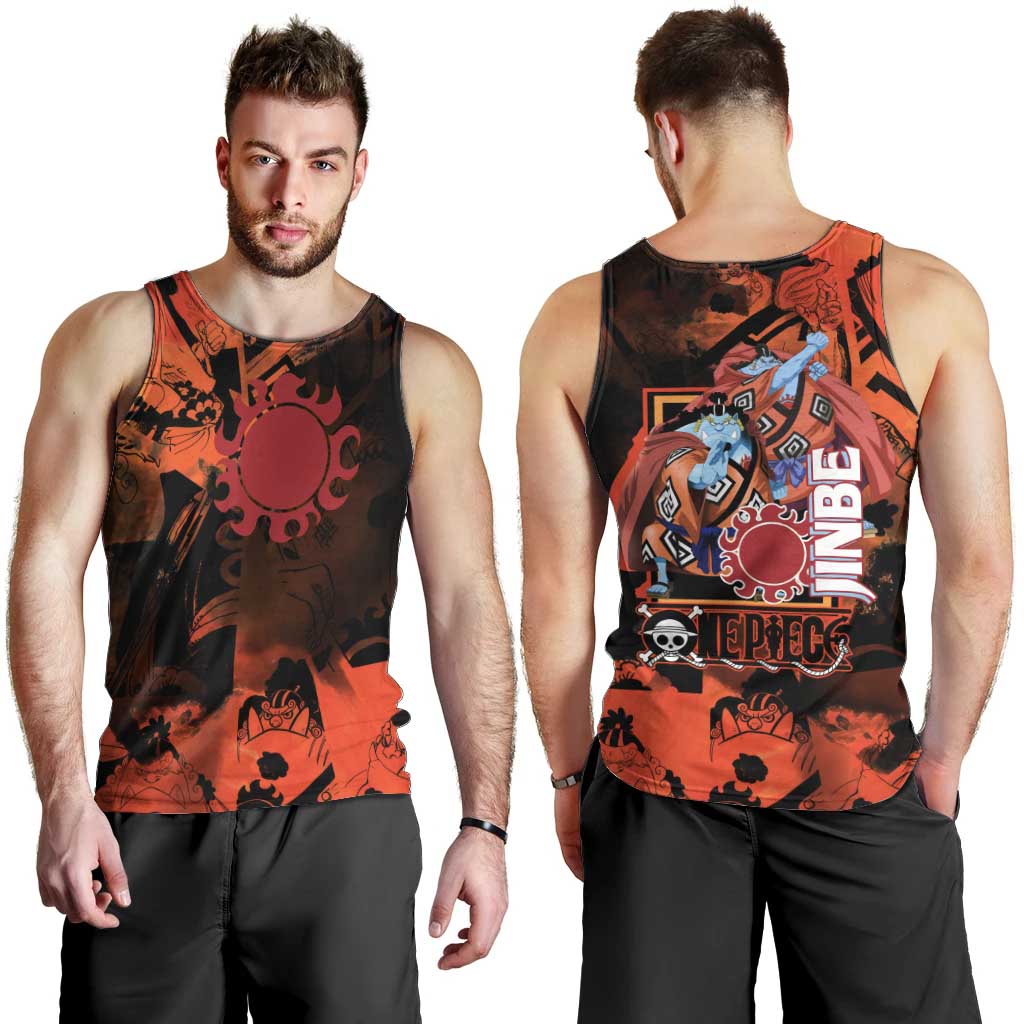 Jinbe One Piece Red and Black Theme Men Tank Top with Sun Pirates Emblem and Karate Pose Design - The Mazicc