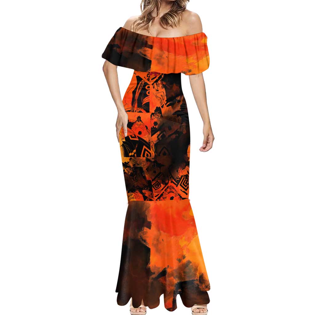 Jinbe One Piece Red and Black Theme Mermaid Dress with Sun Pirates Emblem and Karate Pose Design - The Mazicc