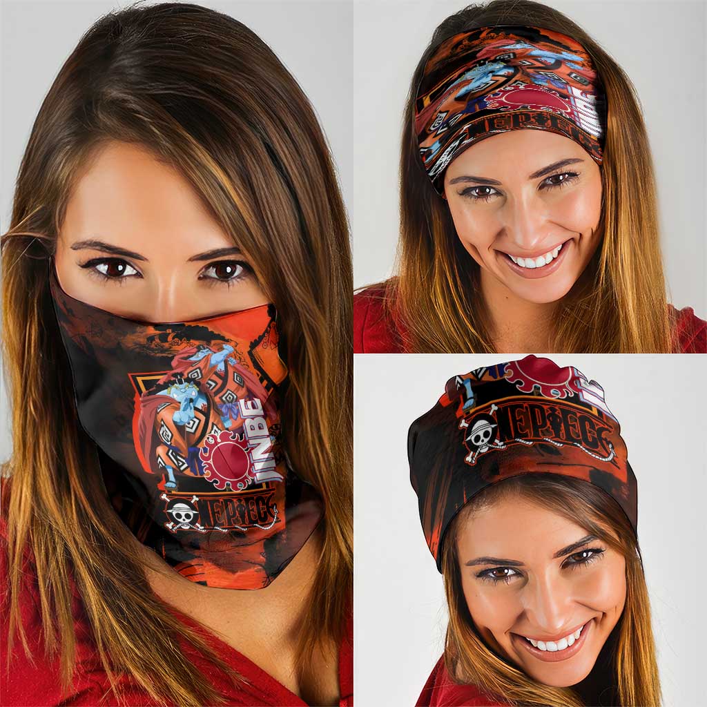 Jinbe One Piece Red and Black Theme Neck Gaiter with Sun Pirates Emblem and Karate Pose Design - The Mazicc