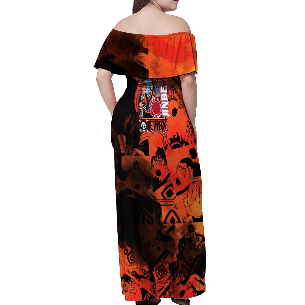 Jinbe One Piece Red and Black Theme Off Shoulder Maxi Dress with Sun Pirates Emblem and Karate Pose Design - The Mazicc