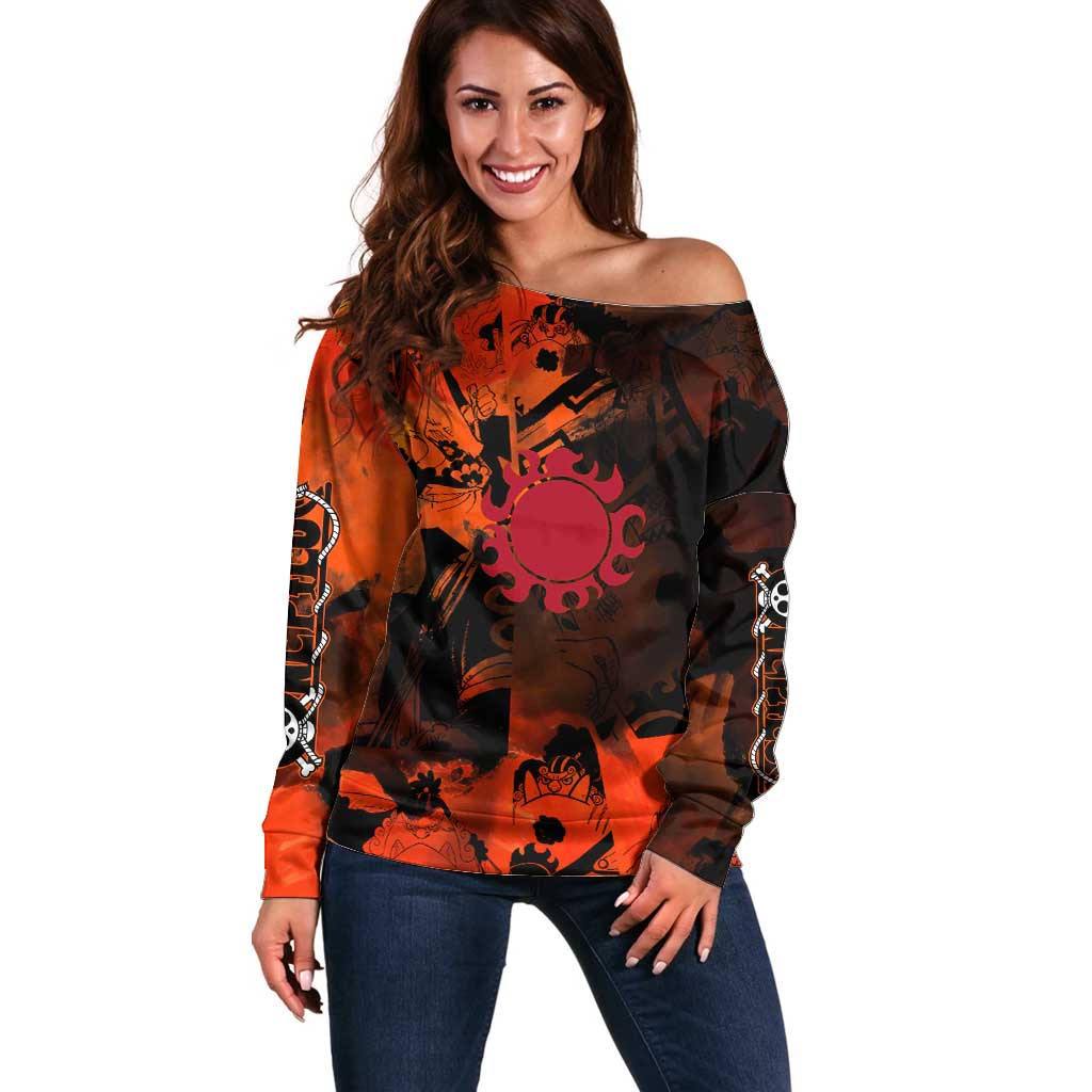 Jinbe One Piece Red and Black Theme Off Shoulder Sweater with Sun Pirates Emblem and Karate Pose Design - The Mazicc