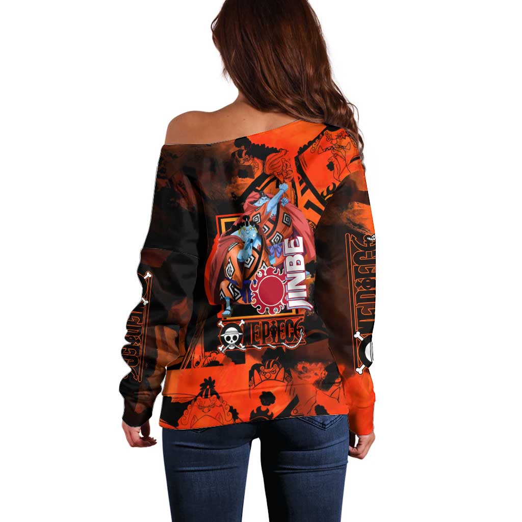 Jinbe One Piece Red and Black Theme Off Shoulder Sweater with Sun Pirates Emblem and Karate Pose Design - The Mazicc