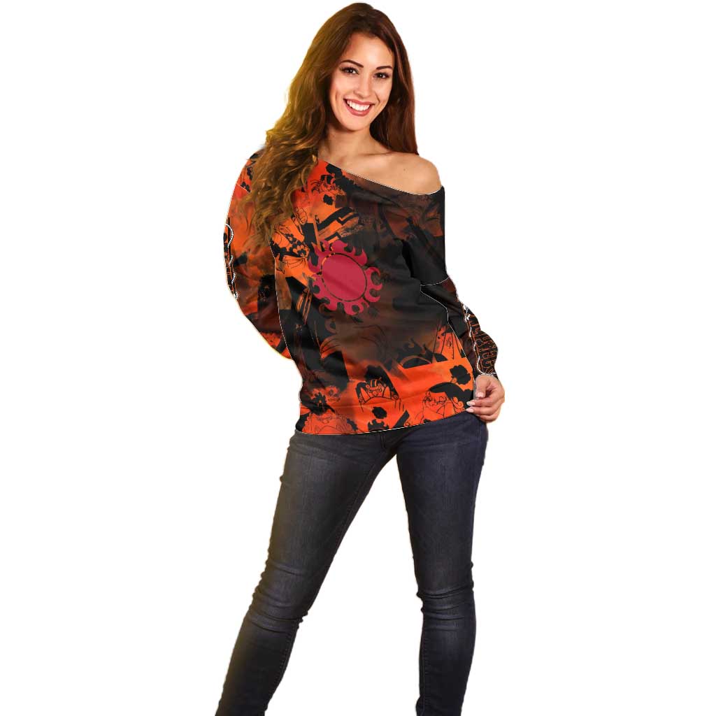 Jinbe One Piece Red and Black Theme Off Shoulder Sweater with Sun Pirates Emblem and Karate Pose Design - The Mazicc
