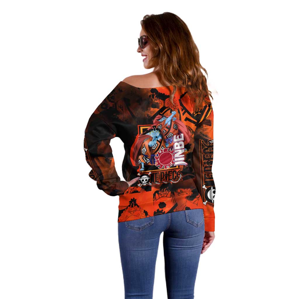 Jinbe One Piece Red and Black Theme Off Shoulder Sweater with Sun Pirates Emblem and Karate Pose Design - The Mazicc